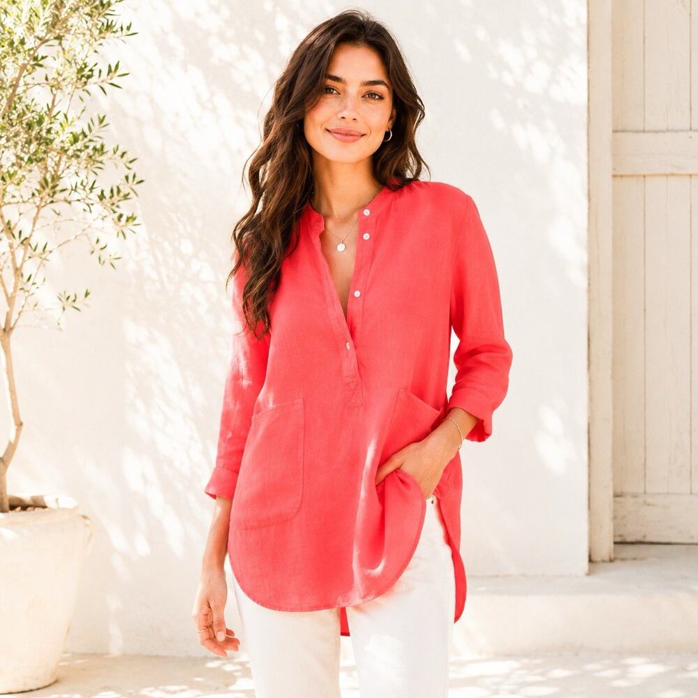 J Crew Womens Silk Linen Blend Henley Tunic Dopamine Y2K - Red-Orange, Size XS